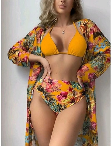 Swimwear Bikini Three Piece Briefs Swimsuit Slim Backless Vacation Beach Wear Halter Neck Long Sleeve Bathing Suits