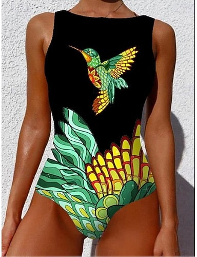 One Piece Swimsuit Slimming Monokini Backless Tummy Control High Waist Slim Vacation Beach Wear Geometric Round Neck Sleeveless Bathing Suits