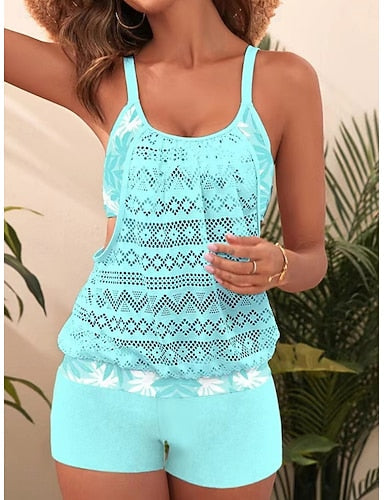 Swimwear Tankini 2 Piece Swimsuit Tummy Control High Waist Cut Out Slim Backless Vacation Beach Wear Scoop Neck Sleeveless Bathing Suits