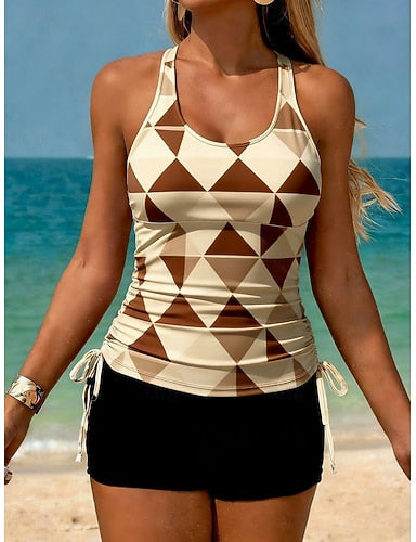 Swimwear Tankini 2 Piece High Waist Swimsuit Tummy Control High Waist Slim Backless Vacation Beach Wear Graphic Geometic U Neck Sleeveless Bathing Suits