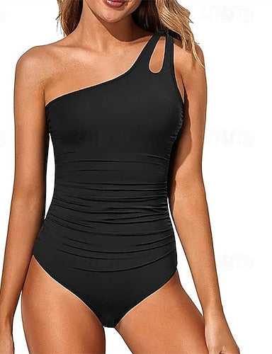 One Piece Swimsuit One Shoulder Swimwear Colored Swimwear Black Red Quick Dry Lightweight Breathable Sleeveless - Surfing Beach Swimming Summer Spring
