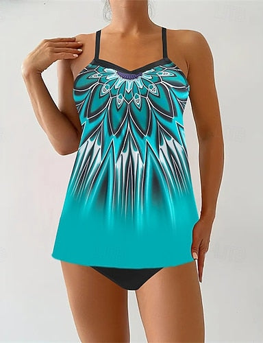 Tankini Two Piece Swimsuit V Neck Racerback Swimwear Swimwear Orange Green Breathable Quick Dry Lightweight Sleeveless - Swimming Surfing Beach Summer Spring