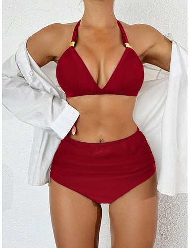 Bikini 2 Piece Swimsuit Briefs Slim Backless Vacation Beach Wear Color Halter Neck Sleeveless Bathing Suits
