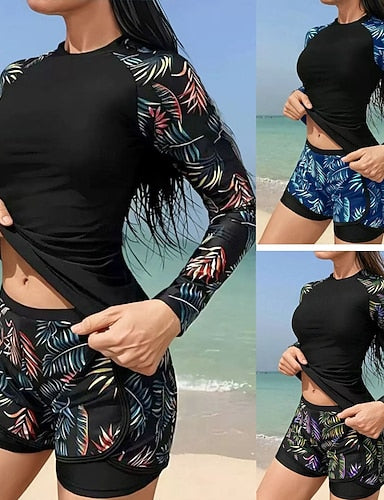 Tankini 2 Piece Swimsuit Palm High Waist Tummy Control High Waist Slim Vacation Beach Wear Leaves Round Neck Long Sleeve Bathing Suits