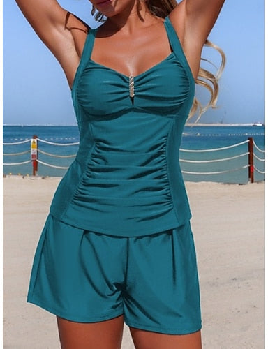 Swimwear Tankini 2 Piece Shorts Swimsuit Tummy Control High Waist Slim Backless Vacation Beach Wear Color V Neck Sleeveless Bathing Suits