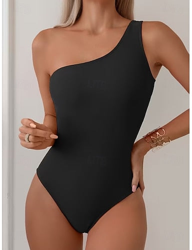 One Piece Swimsuit One Shoulder Monokini Tummy Control High Waist Slim Backless Vacation Beach Wear Stripe Asymmetric Neck Sleeveless Bathing Suits
