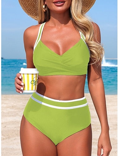 Swimwear Bikini 2 Piece Briefs Swimsuit Tummy Control High Waist Slim Backless Vacation Beach Wear Stripe V Neck Sleeveless Bathing Suits