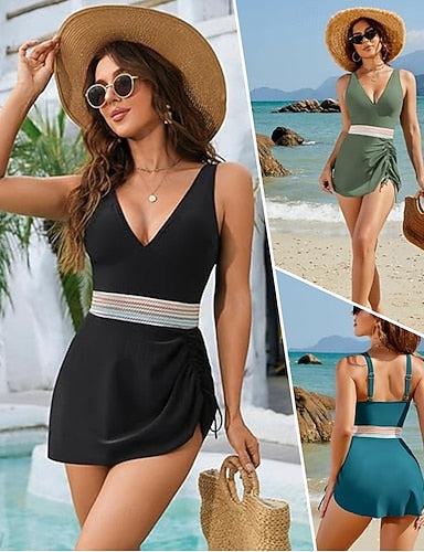 Swimwear One Piece Swimsuit Mesh Backless Beach Wear Color Plain Plunge Sleeveless Bathing Suits