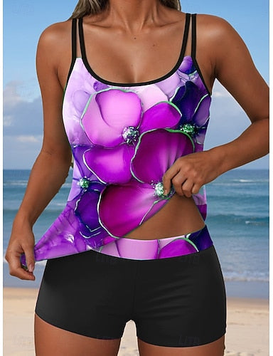 Tankini 2 Piece Swimsuit Boy Leg Backless Vacation Beach Wear Ombre U Neck Sleeveless Bathing Suits