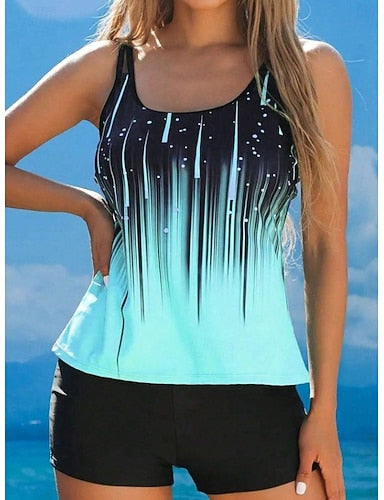 Swimwear Tankini High Waist Swimsuit Active Tropical Ombre U Neck Sleeveless Bathing Suits