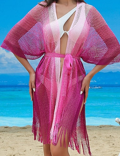 Swimwear Cover Up Swimsuit Fringe Hem Cut Out Vacation Beach Wear Ombre V Neck Long Sleeve Bathing Suits
