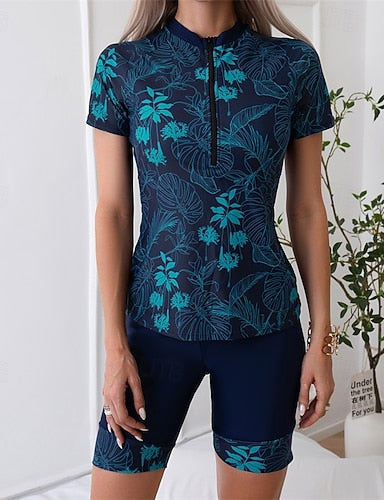 Rash Guard Swimsuit Patchwork Tropical Printed 2 Piece Front Zip Uv Sun Protection Quick Dry Breathable Long Sleeve Swimwear Swimsuit Surfing Water Sports Swimming Summer