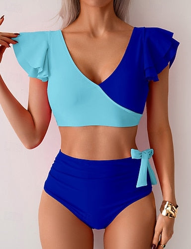 Swimwear 2 Piece Cheeky Swimsuit Ruched Patchwork Backless Vacation Beach Wear Color Block V Neck Sleeveless Bathing Suits