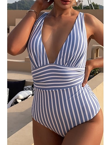 Swimwear One Piece Swimsuit Ruched Slimming Backless Tropical Beach Wear Striped V Wire Sleeveless Bathing Suits