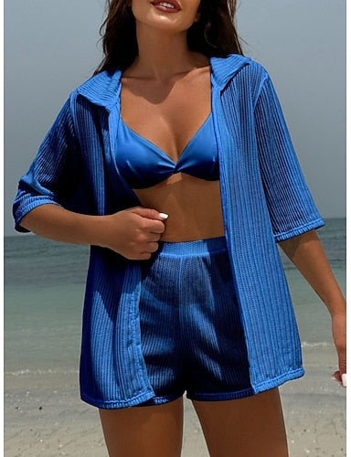 Swimwear Bikini Three Piece Thong Swimsuit Slim Backless Vacation Beach Wear Color V Neck Sleeveless Bathing Suits