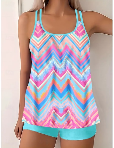 Tankini 2 Piece Swimsuit High Waist Tummy Control High Waist Slim Backless Vacation Beach Wear Ombre Geometric U Neck Sleeveless Bathing Suits