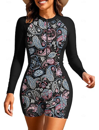 Regular Rash Guard One Piece Surfing Suit Bathing Suit Paisley Tropical Folk Zip Up With Built in Bra Removable Pad Uv Sun Protection Upf50+ Ultra Light (ul) Long Sleeve Swimwear Sun Shirt