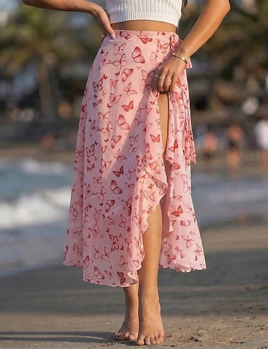 Vacation Skirt Midi Mid Waist Skirts Graphic Ruffle Inelastic Beach Light Pink Apricot White / Black Dark Pink Summer Chiffon