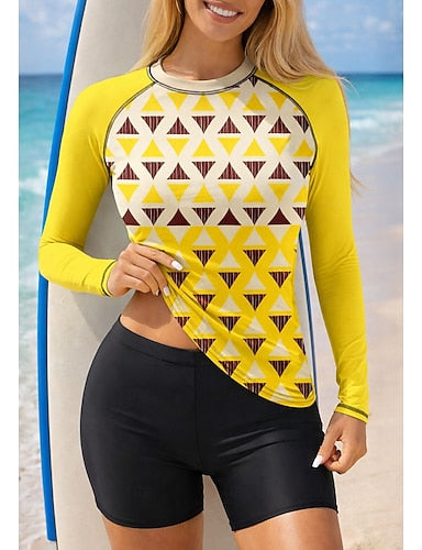 Rash Guard Swimsuit Rash Guard Tankini Swimsuits Geometric 2 Piece Removable Pad Boyleg Uv Sun Protection Upf50+ Elastic Long Sleeve Swimwear Sun Shirt Surfing Canoeing Water Sports Summer