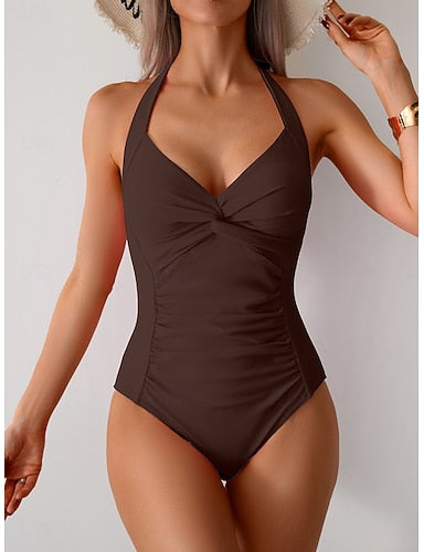 One Piece Swimsuit Ruched Monokini Tummy Control High Waist Slim Backless Vacation Beach Wear Color Halter Neck Sleeveless Bathing Suits