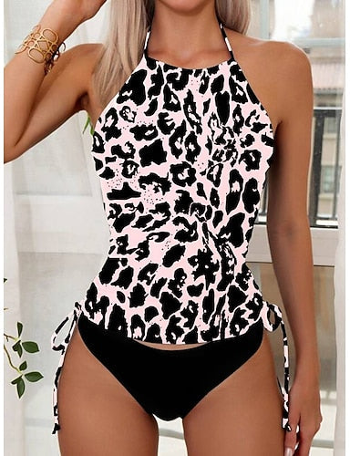 Tankini 2 Piece Swimsuit Leopard Cheeky Tummy Control High Waist Slim Backless Vacation Beach Wear Halter Neck Sleeveless Bathing Suits