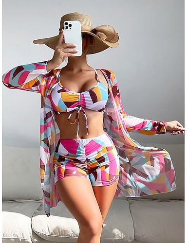 Bikini 3 Piece Swimsuit Shorts Slim Backless Vacation Beach Wear Geometric Color Block V Neck Sleeveless Long Sleeve Bathing Suits