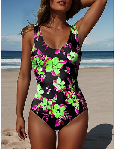 One Piece Swimsuit Slimming Monokini S Backless Vacation Beach Wear Graphic U Neck Sleeveless Bathing Suits