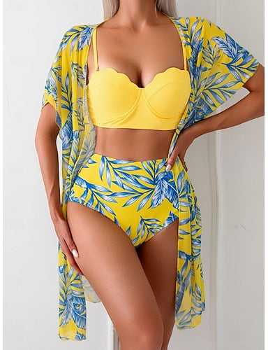 Bikini 3 Piece Swimsuit Palm Cheeky Slim Backless Vacation Beach Wear Leaves V Neck Sleeveless Bathing Suits