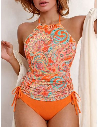 Swimwear Tankini 2 Piece Cheeky Swimsuit Drawstring Vacation Beach Wear Graphic Halter Neck Sleeveless Bathing Suits