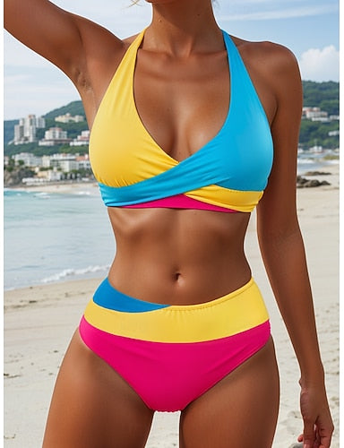 Bikini 2 Piece Swimsuit Colorblock Cheeky Backless Vacation Beach Wear Halter Neck Sleeveless Bathing Suits