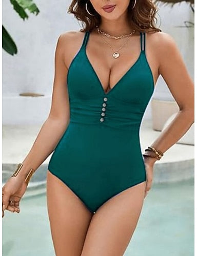 One Piece Swimsuit Slimming Monokini Tummy Control High Waist Slim Backless Vacation Beach Wear Color V Neck Sleeveless Bathing Suits