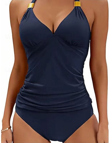 Tankini 2 Piece Swimsuit Ruched Briefs Tummy Control High Waist Slim Backless Vacation Beach Wear Color Halter Neck Sleeveless Bathing Suits
