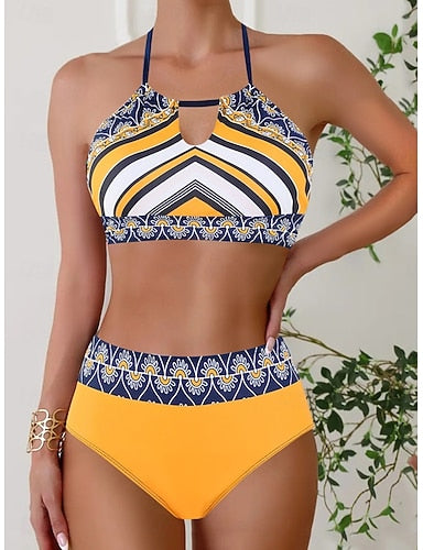 Bikini 2 Piece Swimsuit Colorblock Briefs Slim Backless Vacation Beach Wear Geometric Color Block Halter Neck Sleeveless Bathing Suits