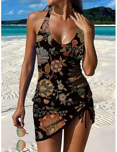 Swimwear One Piece Skirt Swimsuit Vacation Graphic Geometric Sleeveless Bathing Suits