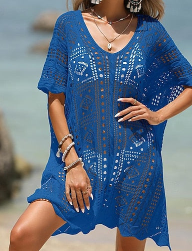 Swimwear Cover Up Swim Dress Swimsuit Crochet Vacation Beach Wear Color V Neck Short Sleeves Bathing Suits