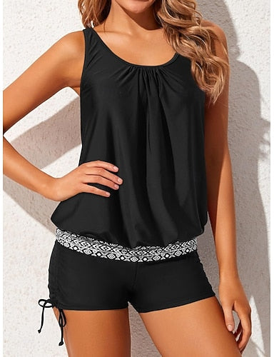 Tankini 2 Piece Swimsuit Shorts Tummy Control High Waist Slim Backless Vacation Beach Wear Color Graphic U Neck Sleeveless Bathing Suits