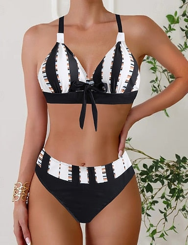 Swimwear 2 Piece Cheeky Swimsuit Backless Vacation Beach Wear Geometic V Neck Sleeveless Bathing Suits