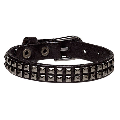 Black Gothic/punk Leather Bracelet With Double Row of Studded Gunmetal Squares