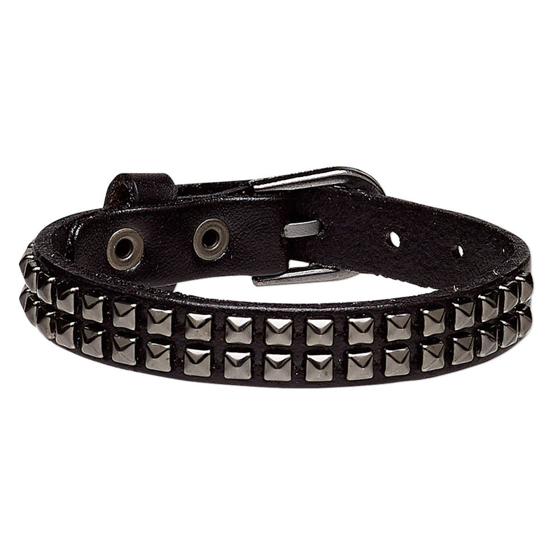 Black Gothic/punk Leather Bracelet With Double Row of Studded Gunmetal Squares