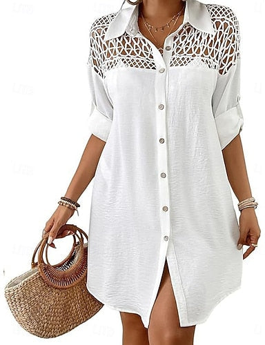 Mini Dress White Dress Beach Dress Black Dress Shirt Dress Classic Daily Outdoor Beach Loose Fit Plain Long Sleeve Shirt Collar Black White Summer Spring