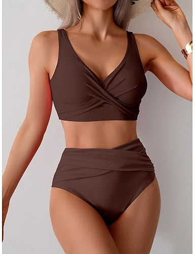 Swimwear Bikini 2 Piece Swimsuit Ruched Backless Vacation Beach Wear Plain V Neck Sleeveless Bathing Suits
