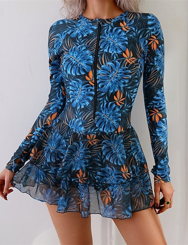 Rash Guard One Piece Swimsuit Tropical Front Zip Spandex Uv Sun Protection Upf50+ Quick Dry Long Sleeve Swimwear Bathing Suit Surfing Beach Water Sports Summer