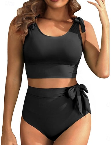 Bikini 2 Piece Swimsuit Briefs Slim Backless Vacation Beach Wear Color U Neck Sleeveless Bathing Suits
