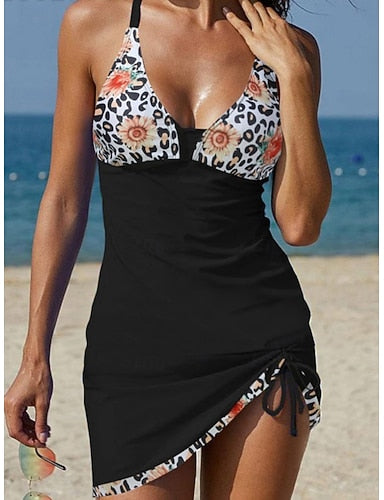 Tankini 2 Piece Swimsuit Ruched Cutout With Skirt Skirt Tummy Control High Waist Slim Backless Vacation Beach Wear Camo Halter Neck Sleeveless Bathing Suits