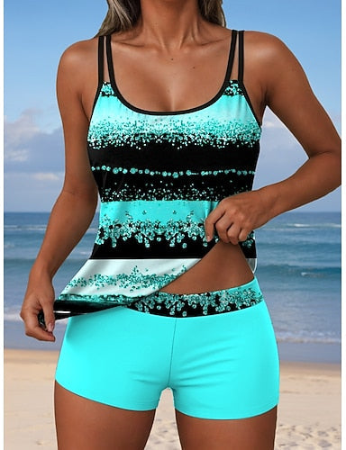 Tankini 2 Piece Swimsuit Shorts Backless Vacation Beach Wear Graphic Geometric U Neck Sleeveless Bathing Suits