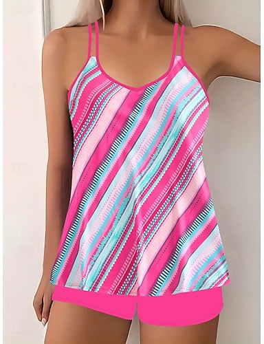 Tankini 2 Piece Swimsuit Boy Leg Tummy Control High Waist Slim Backless Vacation Beach Wear Geometric Scoop Neck Sleeveless Bathing Suits