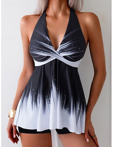 Tankini 2 Piece Swimsuit Boy Leg Halter Tummy Control High Waist Slim Backless Vacation Beach Wear Ombre Stripe Halter Neck Sleeveless Bathing Suits