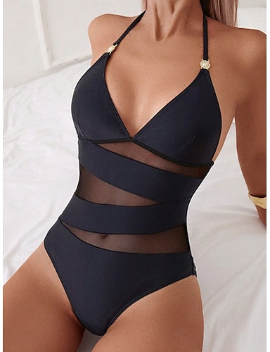 Swimwear One Piece Monokini Swimsuit Mesh Backless Tummy Control High Waist Slim Vacation Beach Wear Color V Neck Sleeveless Bathing Suits
