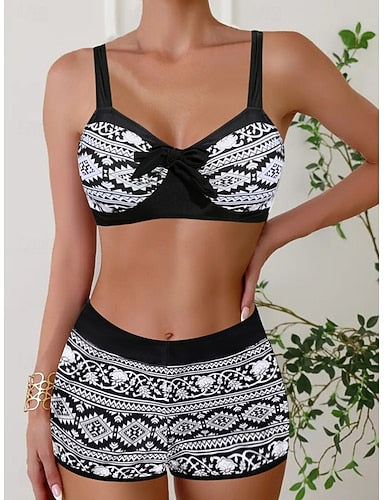 Bikini 2 Piece Swimsuit Shorts Slim Backless Vacation Beach Wear Color Block Geometic V Neck Sleeveless Bathing Suits
