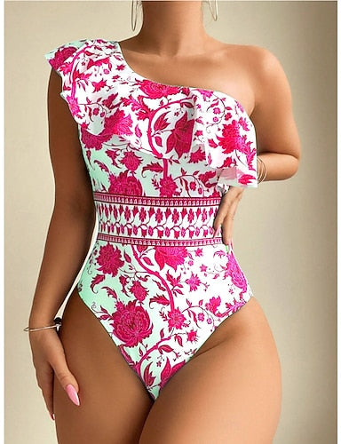 Swimwear One Piece Monokini Swimsuit Ruffle Tummy Control High Waist Slim Backless Vacation Asymmetric Neck Sleeveless Bathing Suits